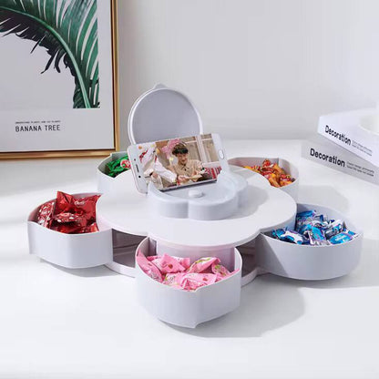 Plum-Shaped Rotating Fruit Bowl With Mobile Phone Holder / Snacks Box