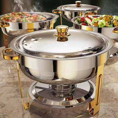 Elegant Round Stainless Steel Chafing Dish with Golden Accents