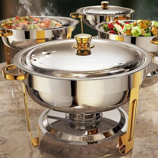 Elegant Round Stainless Steel Chafing Dish with Golden Accents