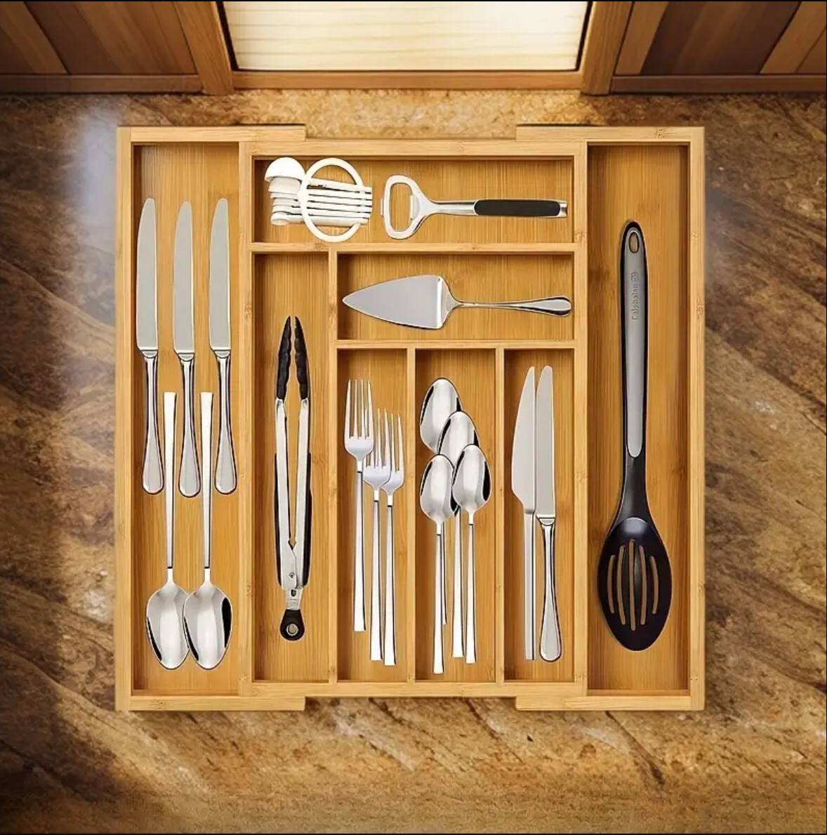 Multifunctional Big bamboo Expandable wooden cutlery drawer organizer