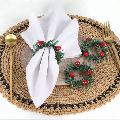 set of 6pcs Christmas Red Fruit PVC Pine Needle Napkin Ring Holders Xmas Table Decoration