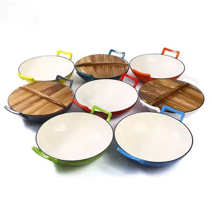 36cm Non-stick Enameled Cast iron Wok pan with wooden lid.