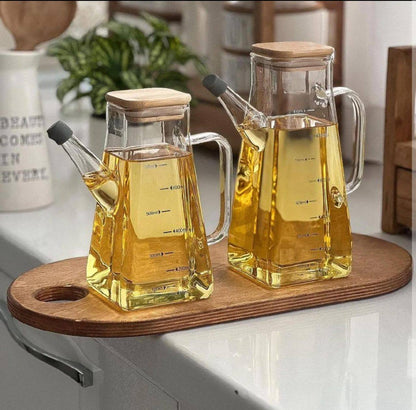 High borosilicate cooking oil vinegar dispenser with bamboo lid