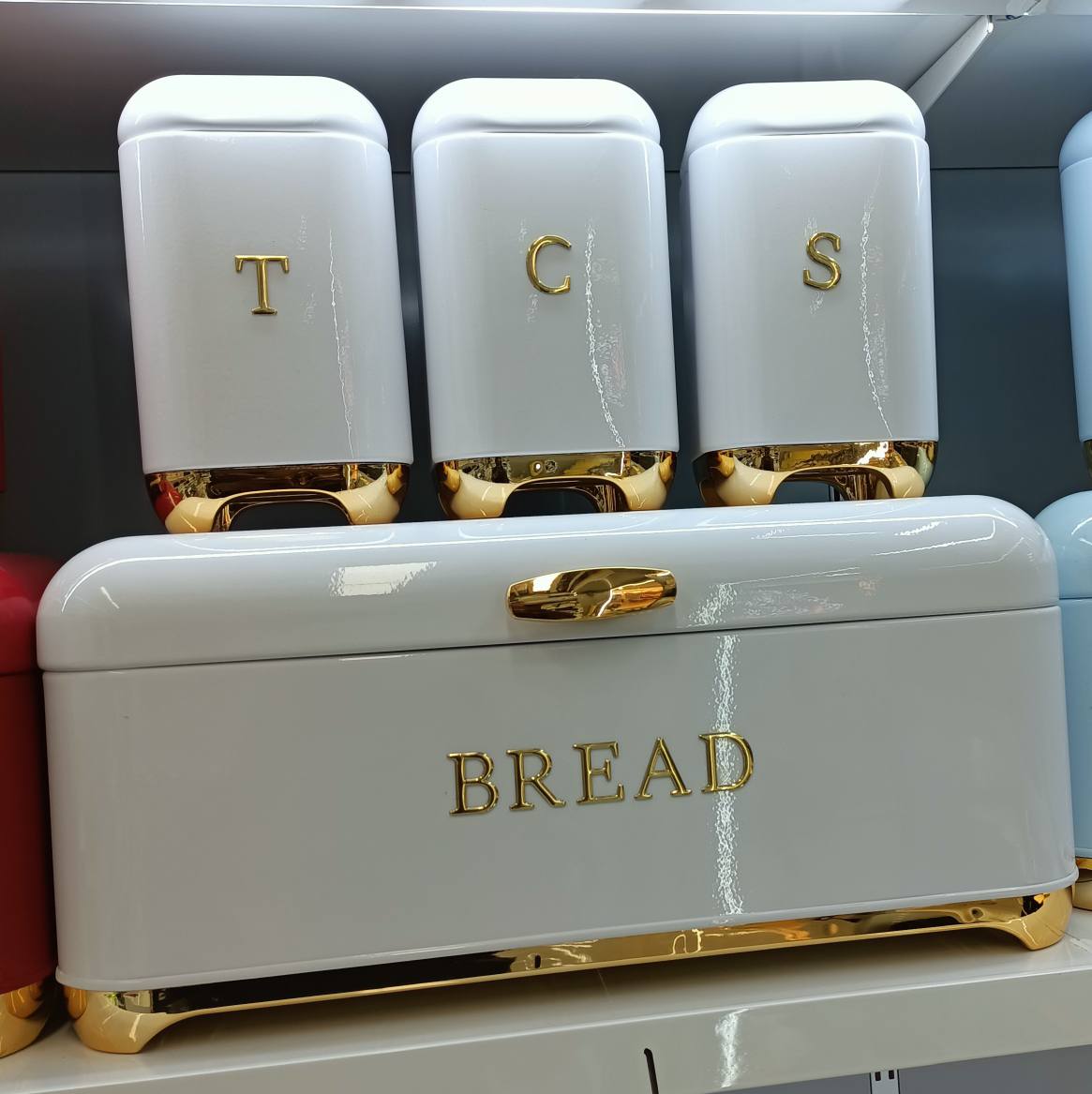 Bread Bin with Three Canister Set with touch of gold