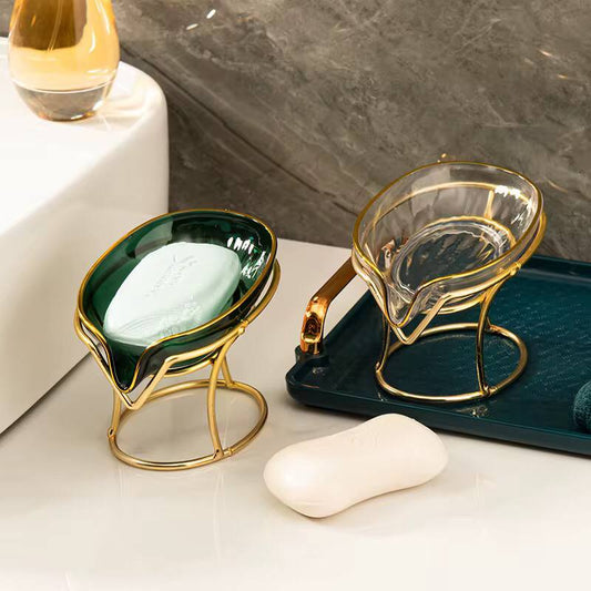 Happy life 45 degree slanted self draining soap dish with a golden stand