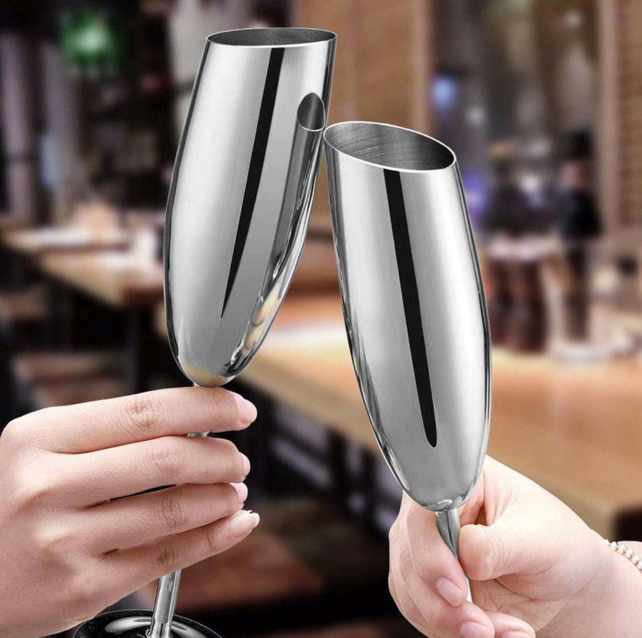 Silver Stainless Champagne Flutes with Flat Rim 
Sophisticated vessel for any sparkling wine, Champagne,Prosecco, or Mimosas