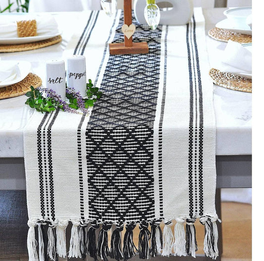 Braided woven textured table runner with tassels and 6pcs mats