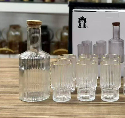 Custom Vertical Decanter with Bamboo lid & 6pcs Highball Glassware with Gold Rim.