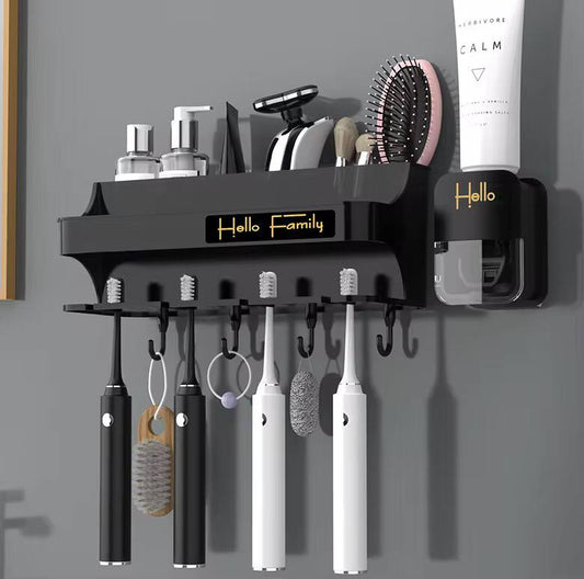 Hello family branded wall mounted toothbrush toothpaste dispenser set (4 cups 4 brush 4 slots 4 hooks 1 toothpastedispenser)