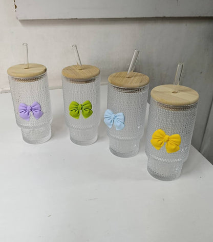475ml Glass Cups with Lids and Straws, Vintage  Embossed tumbler Glassware for Whiskey Cocktail Beer, Iced Coffee/tea Cups with Lid, Glass Tumbler with Straw and Lid