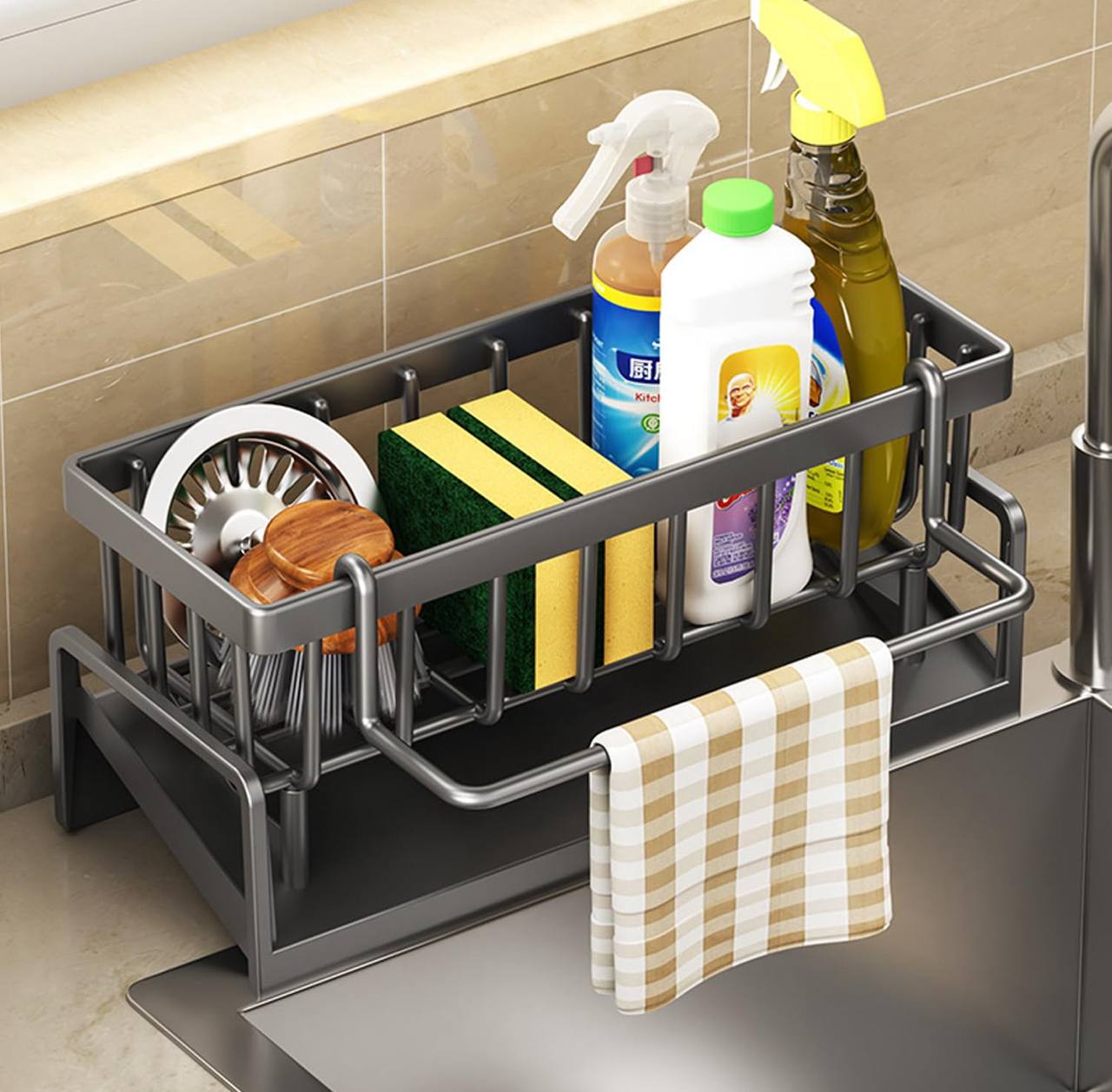 Metallic sink caddy With kitchen organizer hook