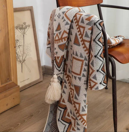 Nordic Bohemian knitted throw blankets with tassels
