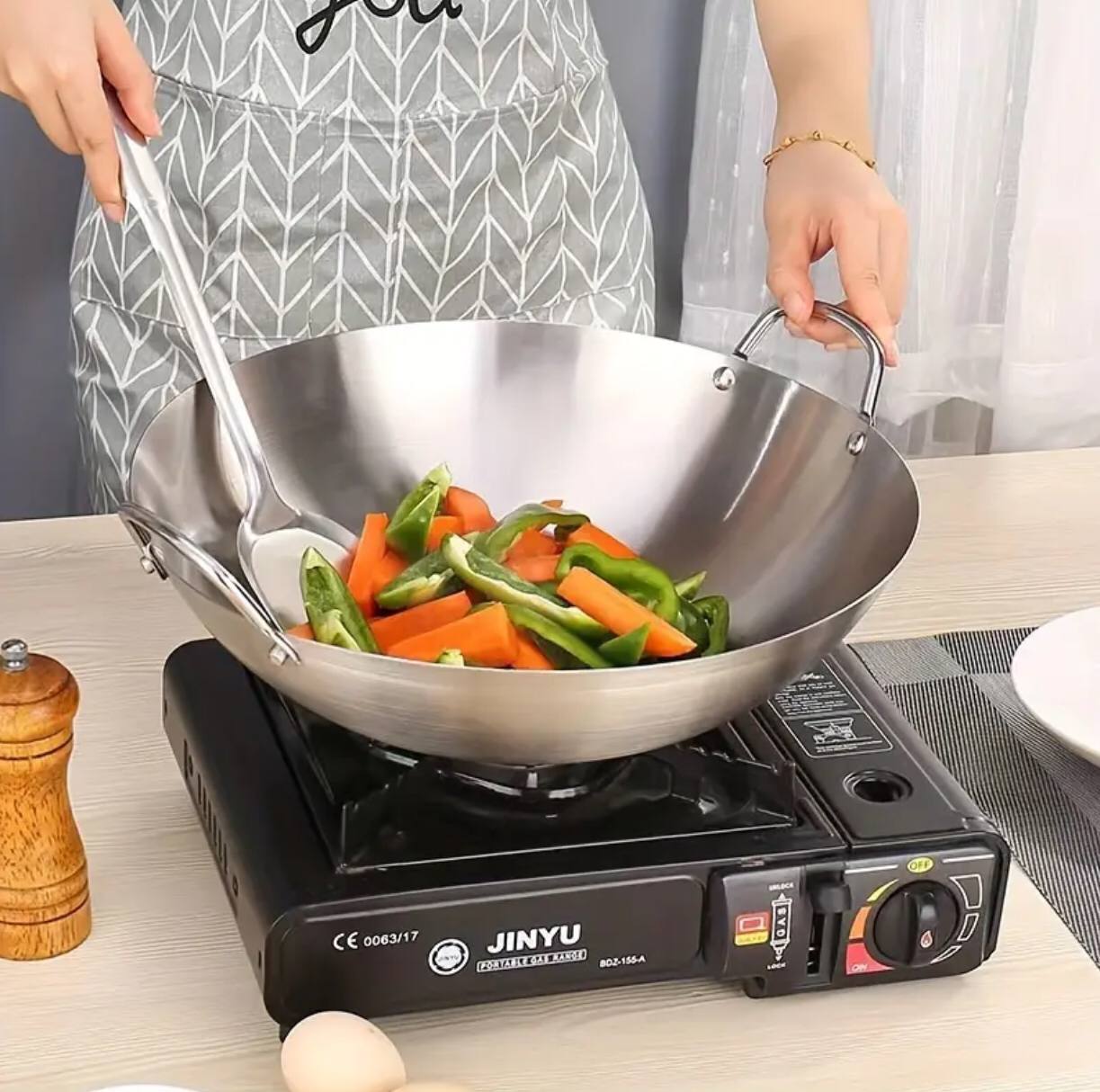 Thickened heavy gauge aluminum two  sided-handle wok frying pan