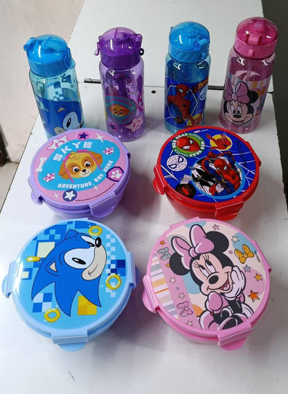 Combo Disney cartoon themed, Sonic, paw patrol, Spiderman, Mickey mouse 2-in-1 Lunch Box with bottle Set with strae