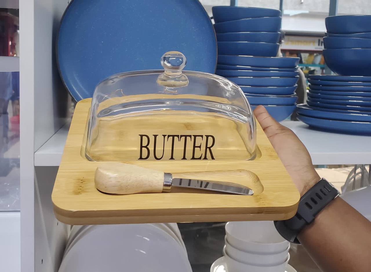 Glass butter dish with bamboo tray