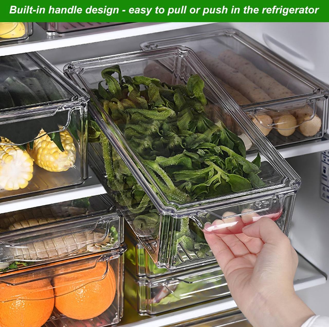 4 pcs Big capacity BPA-Free Stackable acrylic Fridge Organizer Bins with Lids