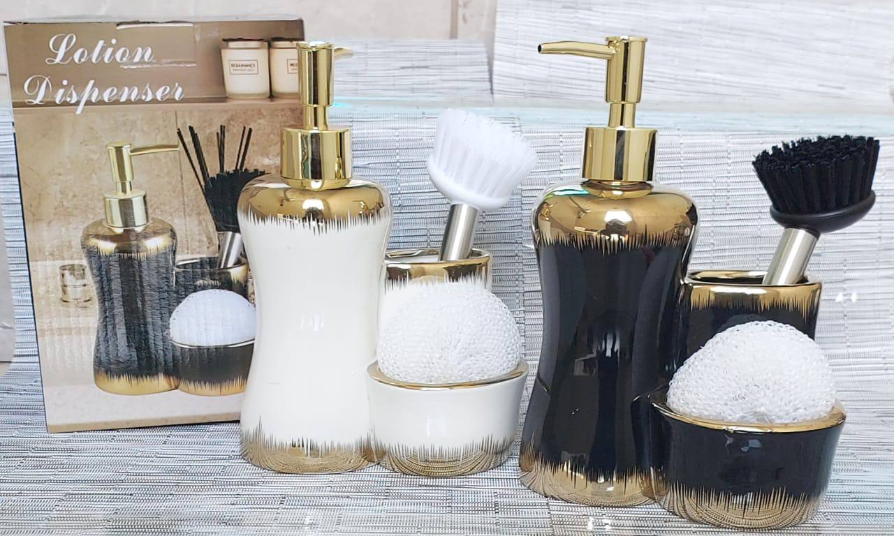 Combined 3 level ceramic lotion / soap dispenser with 2 slots brush and wash pad
