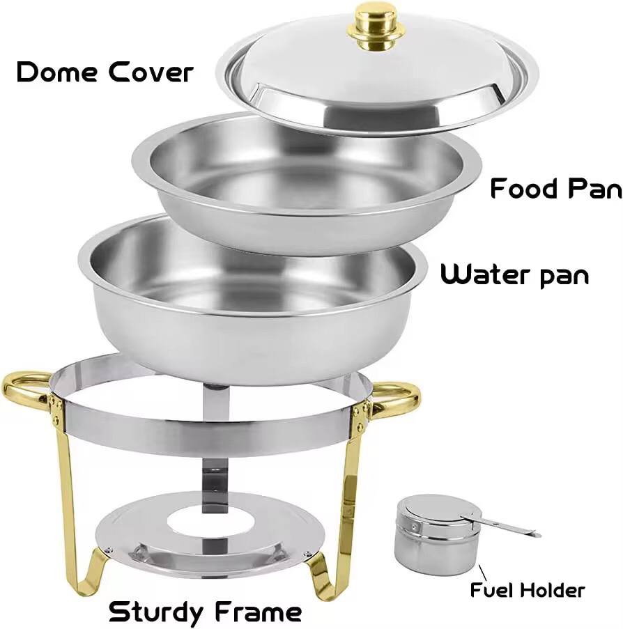 Elegant Round Stainless Steel Chafing Dish with Golden Accents