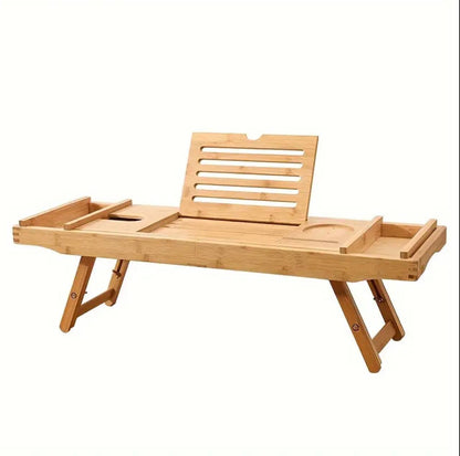 Expandable Bamboo Bathtub Caddy Tray / Breakfast Bed Table with Stands