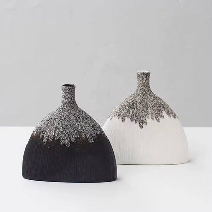 Modern Ceramic Vase - Fish-Tail Design in Matte Black & White, Handcrafted with Snow Powder