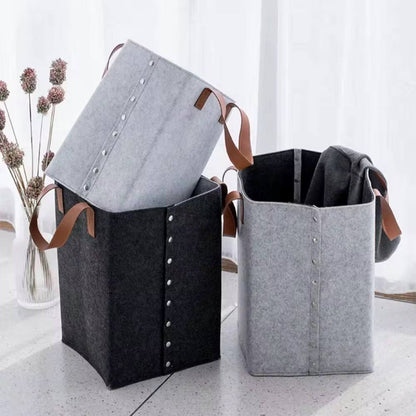 Foldable laundry basket with leather handles