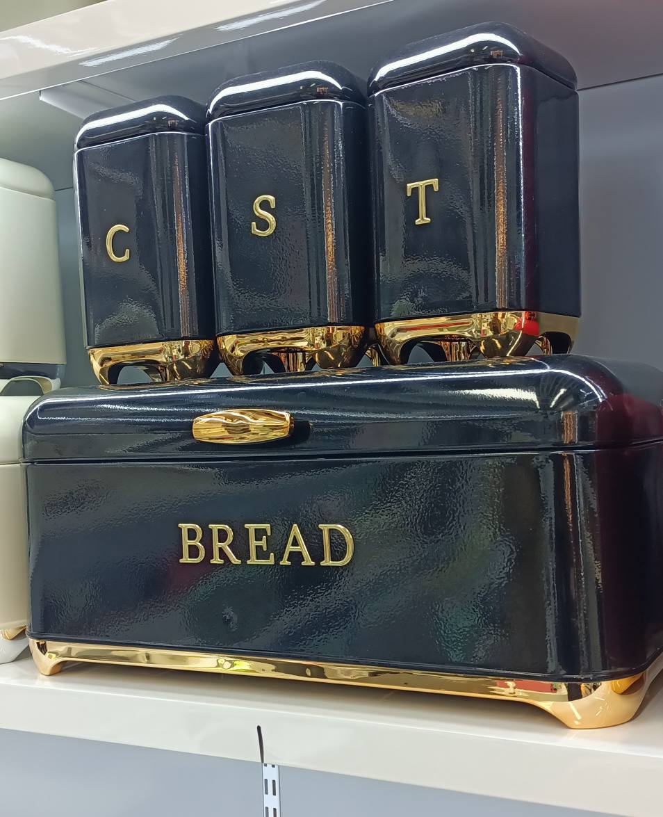 Bread Bin with Three Canister Set with touch of gold