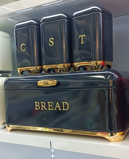 Bread Bin with Three Canister Set with touch of gold