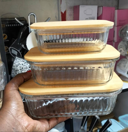 Ribbed Glass food storage containers with bamboo lids
