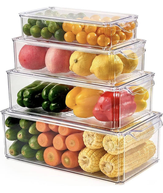 4 pcs Big capacity BPA-Free Stackable acrylic Fridge Organizer Bins with Lids