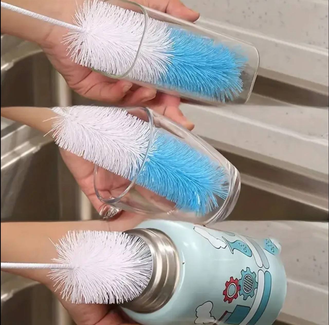 Long handled cleaning brush bottle with an end sponge