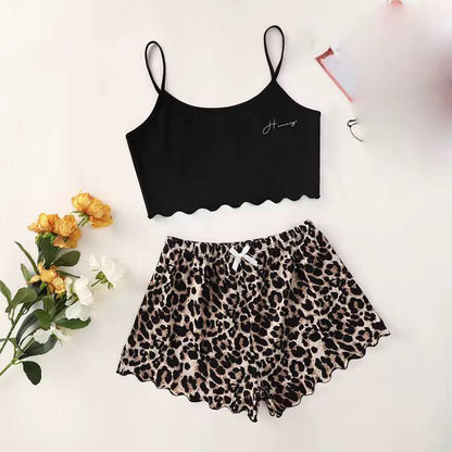 Leopard Print Sling Sleepwear Women's Pajamas Set Sexy Lingerie V-Neck Sleeveless Top and Shorts Sets Pyjamas Homewear