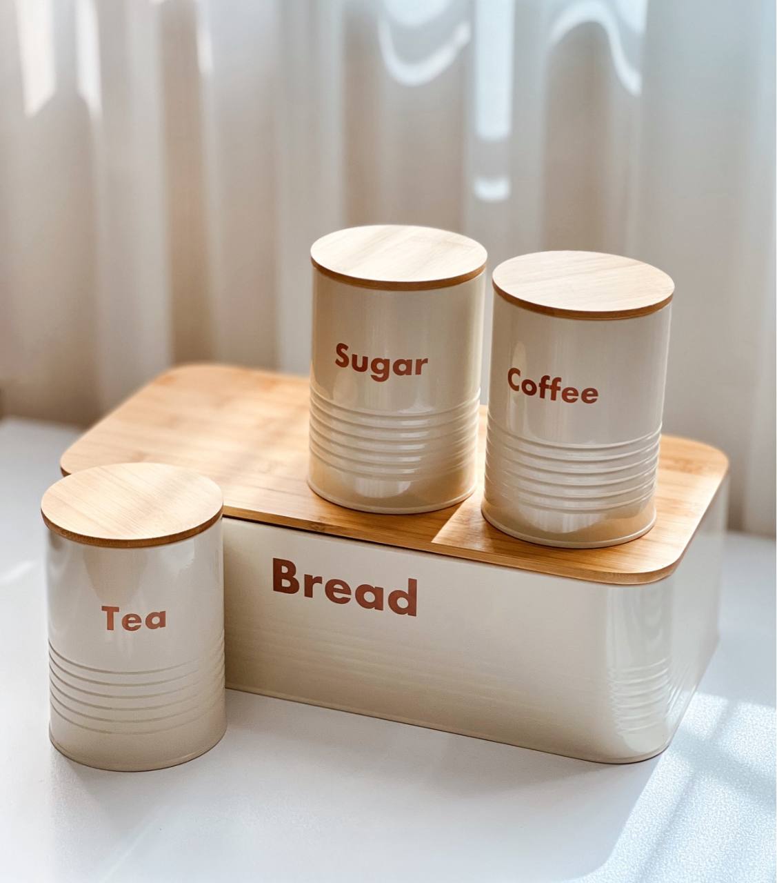 Metallic bread bin box with wooden base
