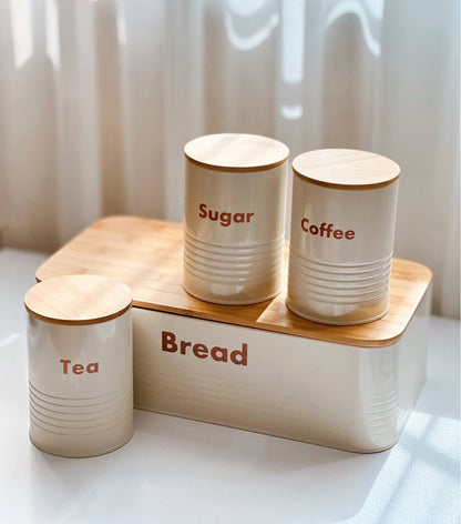Metallic bread bin box with wooden base