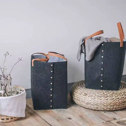 Foldable laundry basket with leather handles
