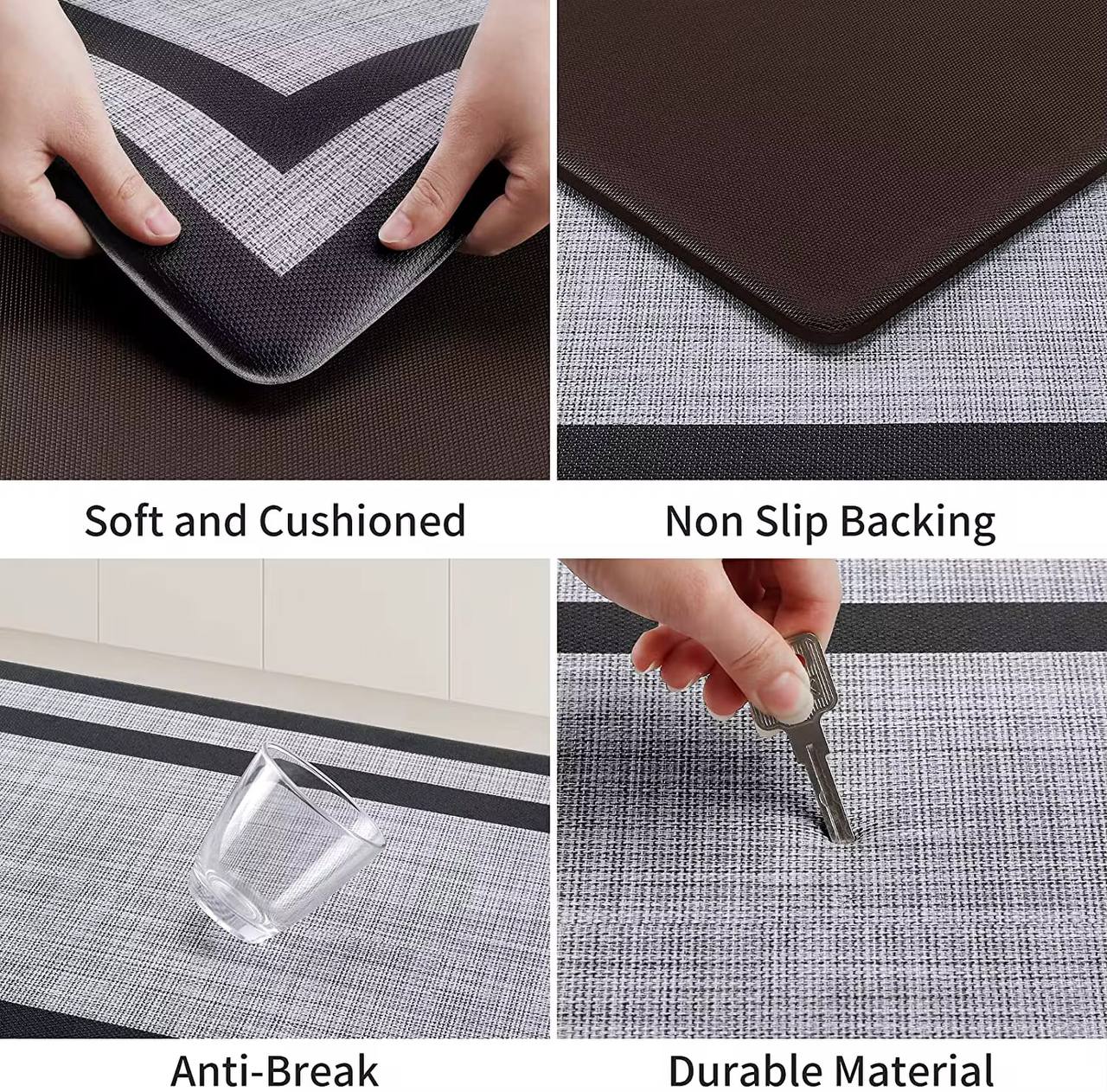 Big size Anti-fatigue Kitchen mats with soft cushioning to relieve pressure on your feet, legs, and back while you cook or clean. Stylish, non-slip, and easy to clean.
