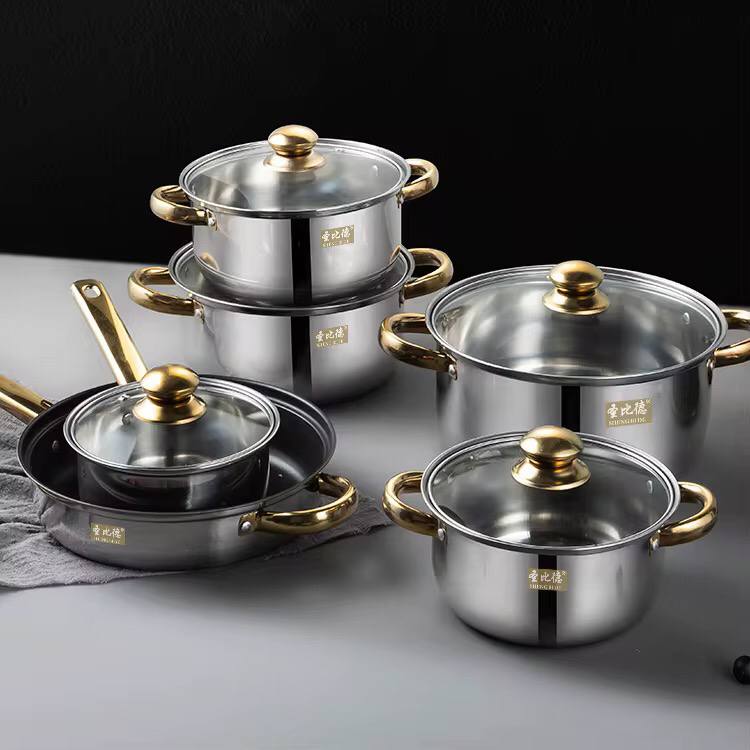 12-Piece Stainless Steel Cookware Set
Golden Handle Kitchen Pots & Pans