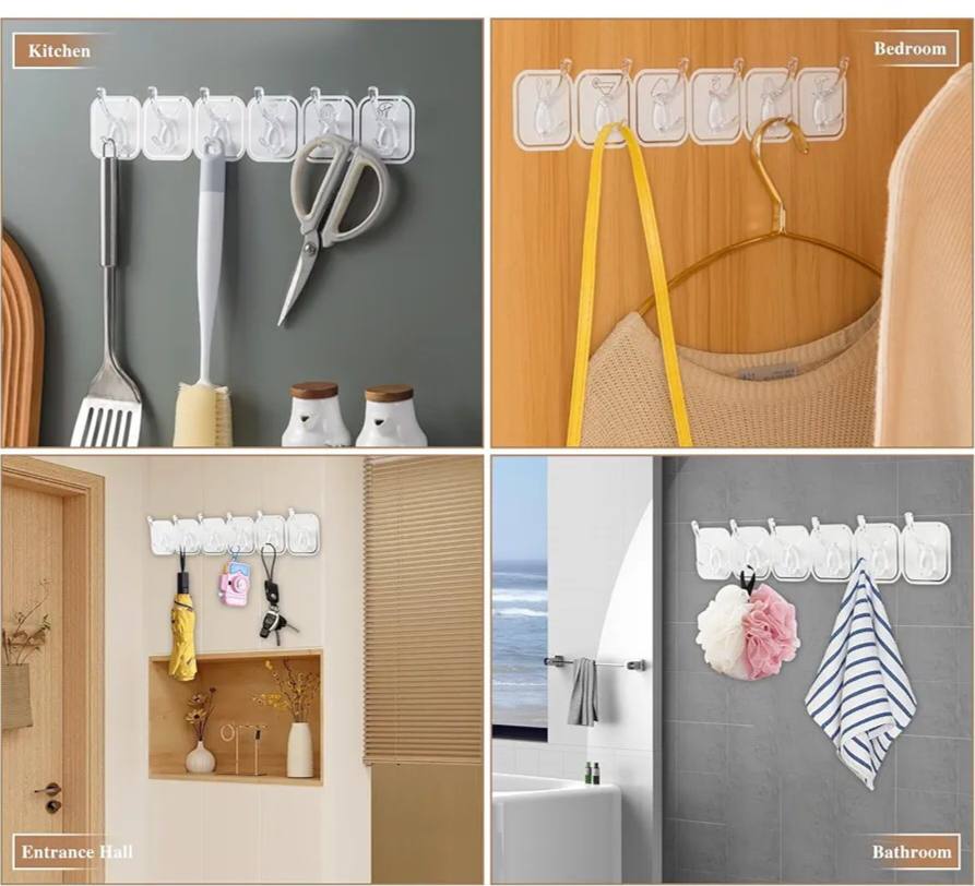 Wall-mounted self adhesive set of 6 Row Sticky Hook,
