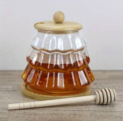 Borosilicate beehive honey jar with wooden lid and stirring stick