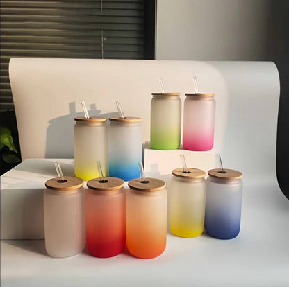 Frosted glass cup with clear glass straw