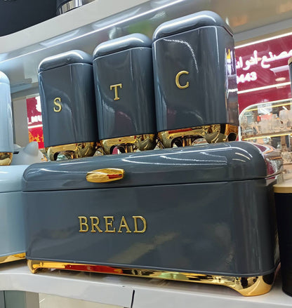 Bread Bin with Three Canister Set with touch of gold