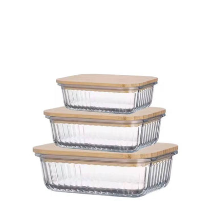Ribbed Glass food storage containers with bamboo lids