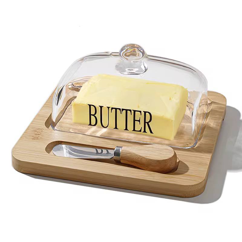 Glass butter dish with bamboo tray