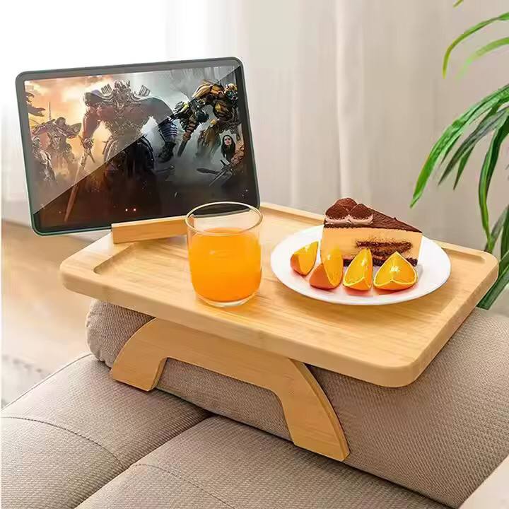 Foldable wooden sofa armrest tray clip on table for couch convenience