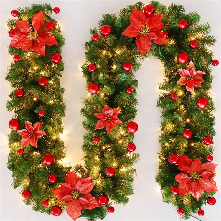 Christmas Garland with flower decoration,  balls and LED light