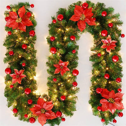 Christmas Garland with flower decoration,  balls and LED light