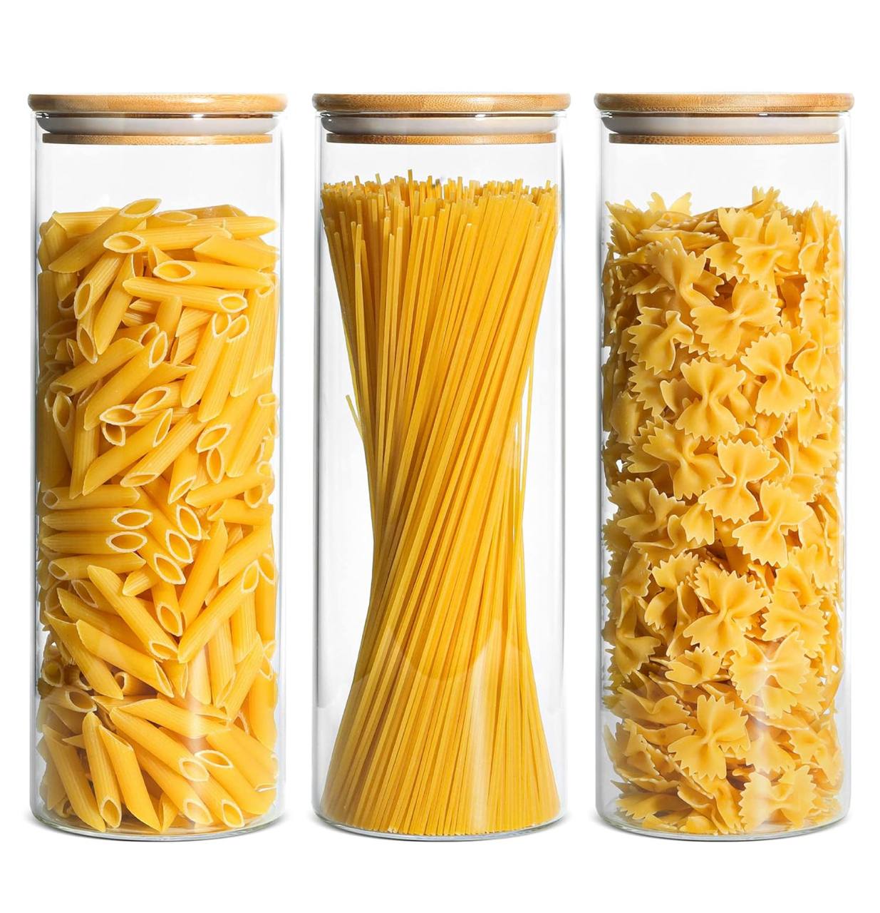 3pc Glass spaghetti/cereal jar with airtight Bamboo lid.