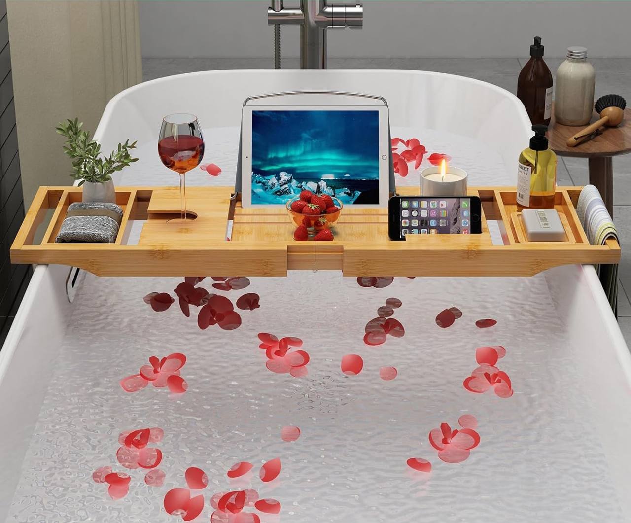 Expandable Bamboo Bathtub Caddy Tray / Breakfast Bed Table with Stands