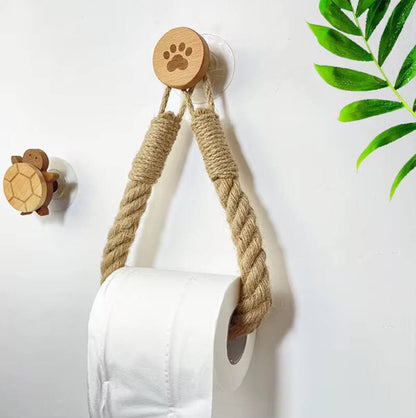 Hemp Rope Tissue Holder Hole Free Wall Hanging Cotton String Hemp Rope Tissue Holder Solid Wood Combination Roll Paper Holder