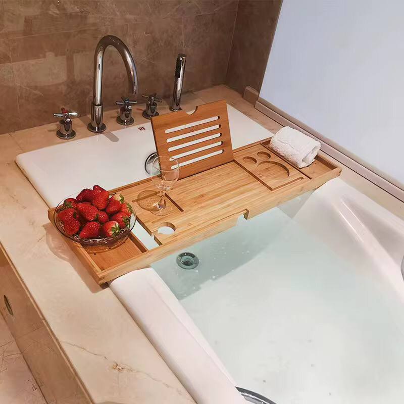 Expandable Bamboo Bathtub Caddy Tray / Breakfast Bed Table with Stands