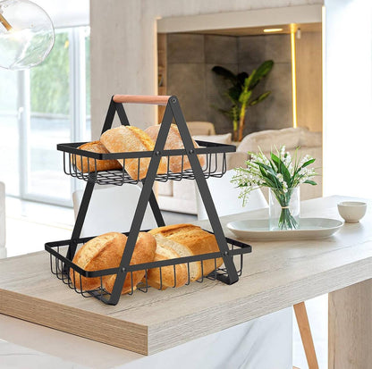 2 Tier Black Metallic Fruit Rack with Wooden Handle